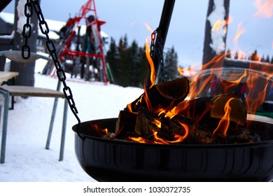 Fire Pit At Alpine Ski Cafe In Hafjell, Norway