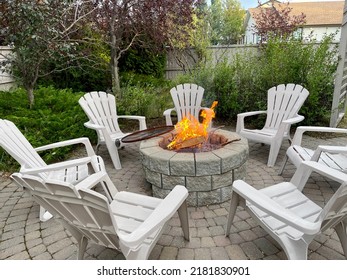 Fire In Fire Pit In The Backyard Of A Residence In Calgary, Canada