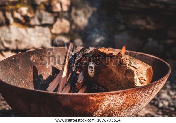 Fire Pit Flames Licking Around Charred Stock Image Download Now