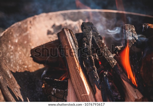 Fire Pit Flames Licking Around Charred Royalty Free Stock Image