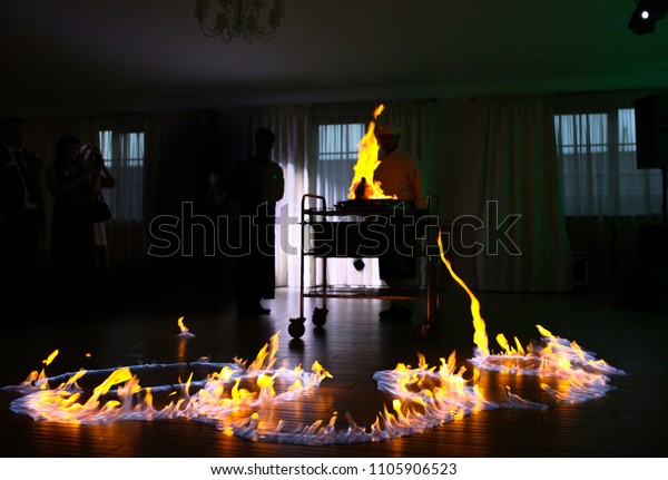 Fire Presentation Chef Restaurant Wedding Reception Stock Photo