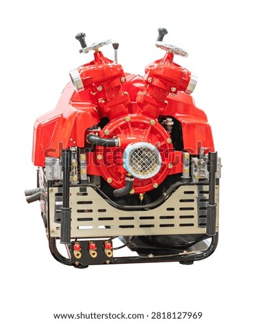 Fire pump on transparent white background, robust industrial design, red metallic body, valves and nozzles, sturdy black frame, control knobs, clean professional style, durable functional equipment