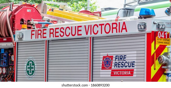 Fire Rescue Victoria Truck Attending An Emergency In Melbourne City, Australian Firefighters. Melbourne, Victoria, Australia - November 2020