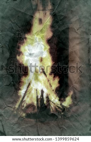 Fire and shape of man in pointed fool's cap inside. Burning of heresiarch, sorcerer (stake, fagoting). The Inquisition. Dark ages. Fantasy in retro style. Imitation of ancient treatise on parchment