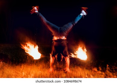 Fire show. Fire performance at the night. Background
