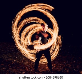 Fire show. Fire performance at the night. Background