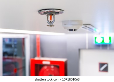 Fire Sprinkler, Focus At Selective, Fireplace In The Office For Safety And To Reduce Damage In Case Of Fire, Signage Exit Blur Background.