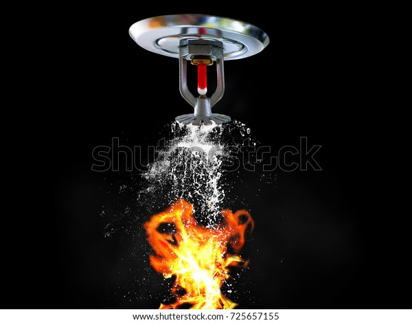 Fire\
Sprinkler spraying. Fire and water on\
background.
