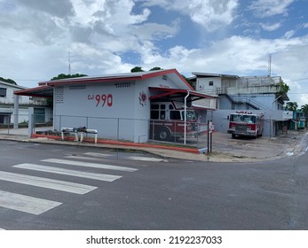 Fire Station Of Orange Walk Town With Two Fire Trucks Outside. Orange Walk, Belize, August 9th 2022