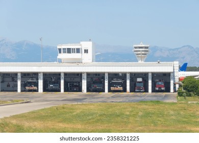 Fire station, rescue observation post based on fire trucks and trucks on the territory of the airport