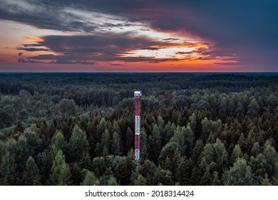 Fire tower in forest against beautiful
sunset