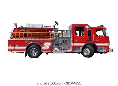 Fire truck with hoses and wooden ladder.