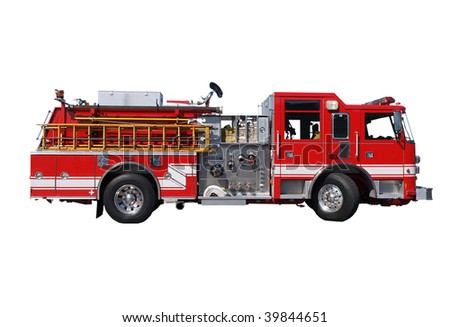 Fire truck with hoses and wooden ladder.