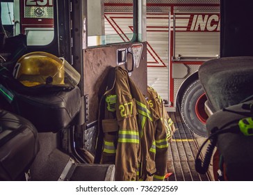 Fire Truck Interior Helmet And Firefighter Bunker Suit