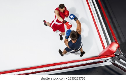 Fire. Two professional boxers boxing on white background on the ring, action, top view. Couple of fit muscular caucasian athletes fighting. Sport, competition, excitement and human emotions concept. - Powered by Shutterstock