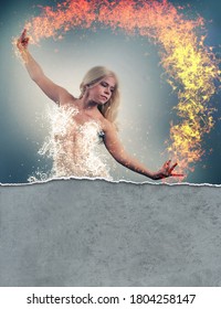 Fire and water collide. Dancer playing with fire