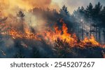 fire. wildfire, burning pine forest in the smoke and flames.