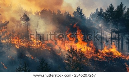 fire. wildfire, burning pine forest in the smoke and flames.