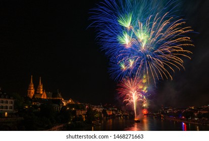 Fire Works On The Rhine In Basel For The Swiss National Day On The 1st Of August