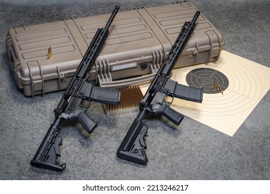 Firearms, M4a1 Type Rifles And Shooting Target. 