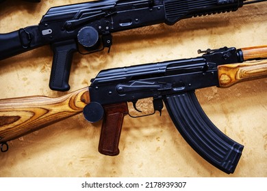 Firearms In A Shop Window. Trade In Ammunition In A Specialized Store. Close-up