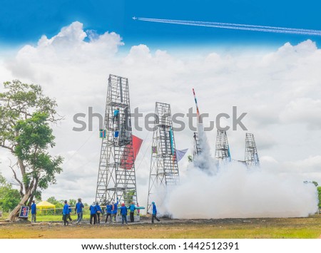 The fireballs,Thai rocket taking off to the sky, Thailand community rocket festival at Phanom Phrai District, Roi Et Province.