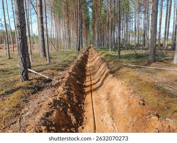A firebreak plowed through a pine forest.