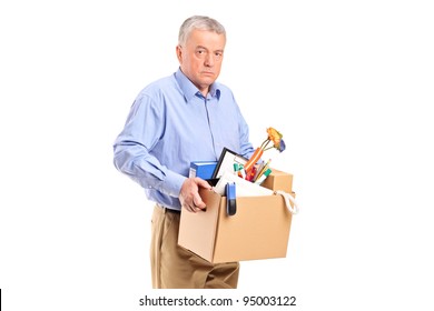 Fired Man Carrying A Box Of Personal Items Isolated On White Background