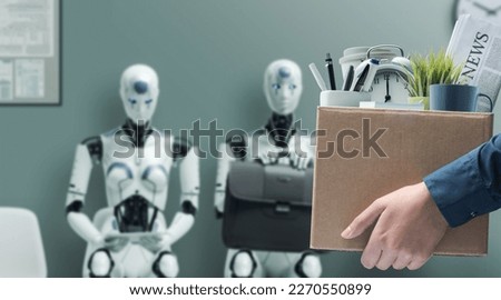 Fired office worker holding a box with her belongings and leaving the office, humanoid AI robots waiting for a job interview i: the impact of artificial intelligence and robotics on unemployment