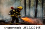 A firefighter in the forest fighting a wildfire, with flames and smoke surrounding the area, highlighting the challenge of wildfire suppression