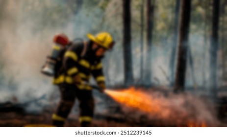 A firefighter in the forest fighting a wildfire, with flames and smoke surrounding the area, highlighting the challenge of wildfire suppression - Powered by Shutterstock