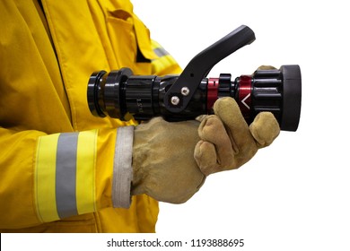 Firefighter with fully fire protective suit and holding fire hose nozzle on isolated white background.Close up fire hose nozzle.