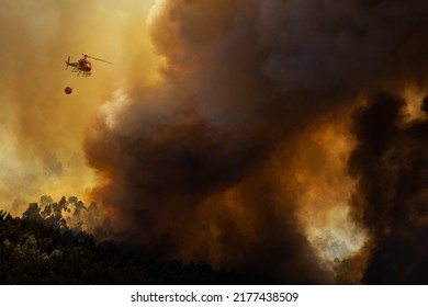 Firefighter Helicopter fighting against a Forest Fire during Day in Braga, Portugal.
