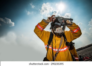 Firefighter with mask and airpack fully protective suit