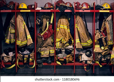 Firefighter protection gears in the locker room