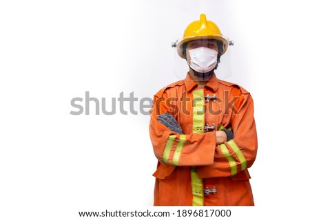 Firefighter rescue, fireman standing portrait wear protective mask to prevent coronavirus (CoVID-19) pandemic isolated on white background.