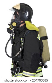 Firefighter In Self Contained Breathing Apparatus On A White Background