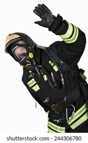 Firefighter In Self Contained Breathing Apparatus Hand Shows Gesture OK