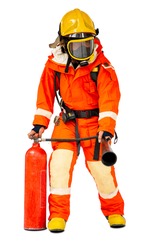 Firefighter Staff Holding Red Fire Extinguishers Post With Clipping Path.Portrait Working With Mask Safety Suit With White Background.