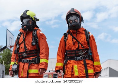 Firefighter Team Training with Various Tools in Professional Gear
