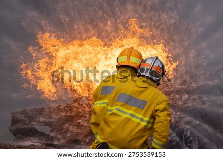 Firefighter try to control and extinguish the blaze fire flame