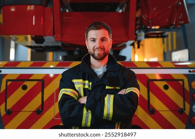 Firefighter in uniform and helmet near fire engine.