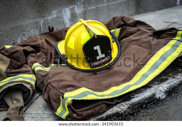 Firefighter Uniform Yellow Black Helmet Stock Photo (Edit Now) 341903615