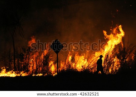 Firefighter walking around a controlled bushfire next to the road. Imagine de stoc © 