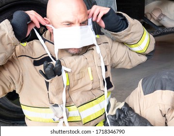 Firefighter Wears A Mask To Protect Himself From The Covid 19