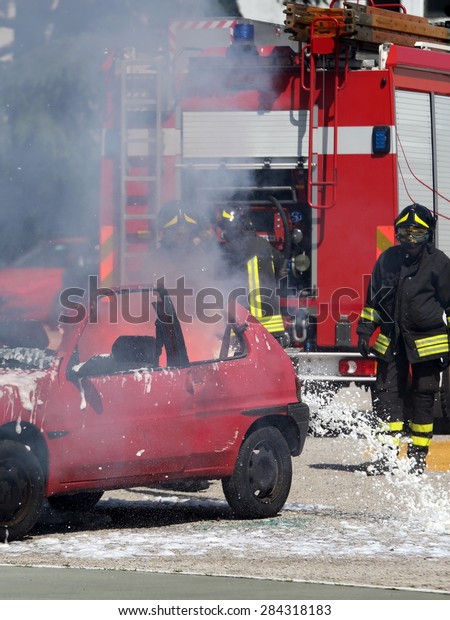 firefighters in action during a road accident with\
car fire