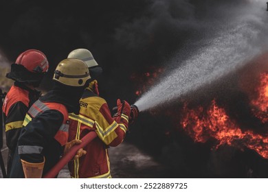 Firefighters fighting the flames of an oil fire