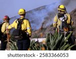 Firefighters work tirelessly as flames and smoke billow from the Franklin Fire in Malibu, California, battling the wildfire and minimizing the spread of destruction.