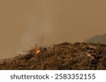 Firefighters work tirelessly as flames and thick smoke rise from the Franklin Fire burning in Malibu, California, highlighting the wildfire