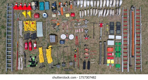 Firefighting Equipment Unpacked From Above Photographed With A Drone. Tetris Challenge. BUDAPEST, HUNGARY - MAY 10, 2020